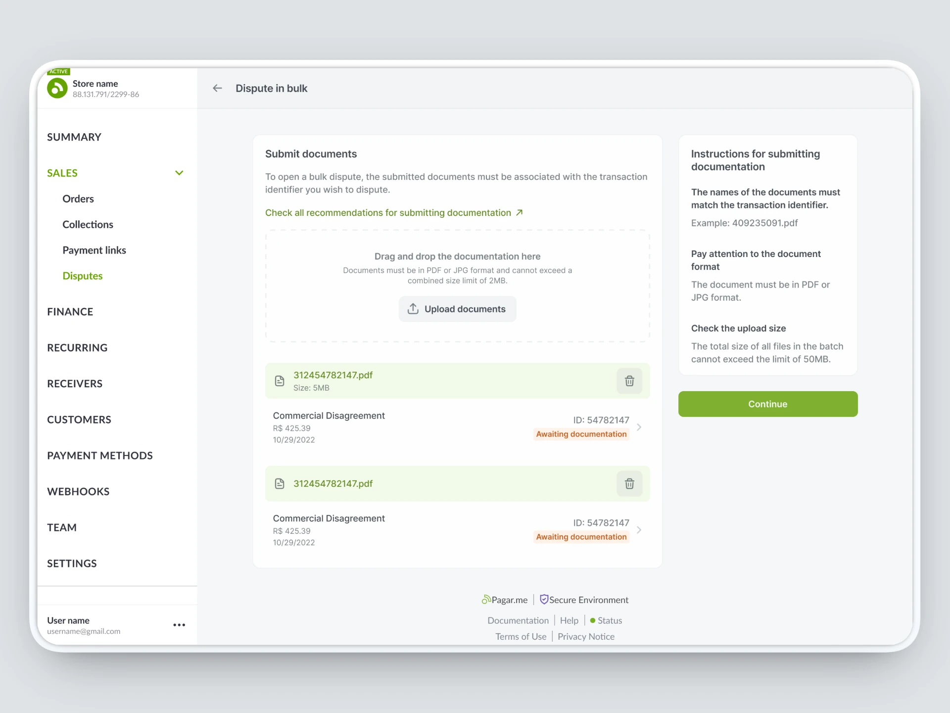Batch submission screen uploading documentation for multiple disputes at once, with per-file matching.