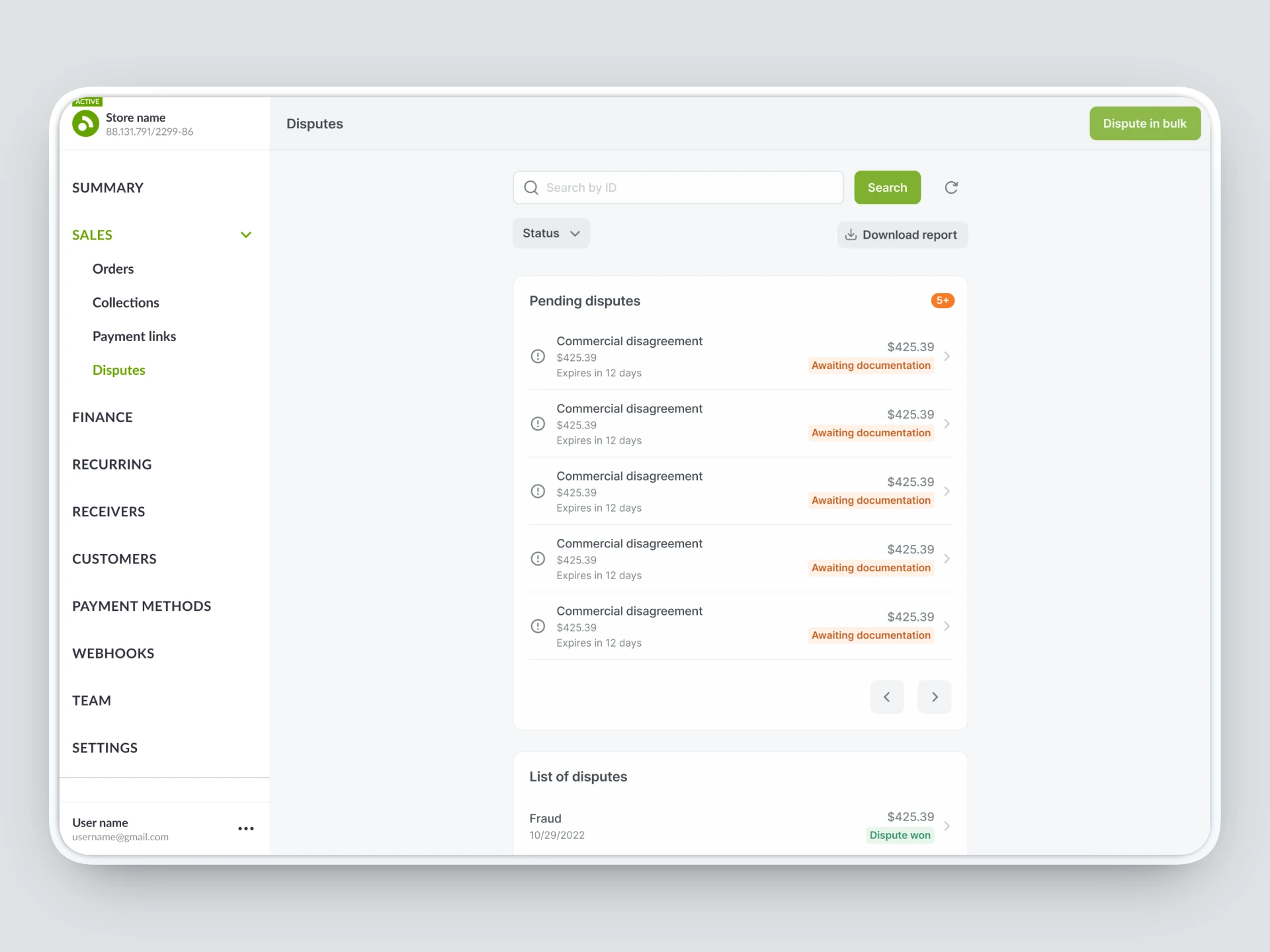 Chargeback dashboard listing every dispute with status, key metrics, filters, and export.