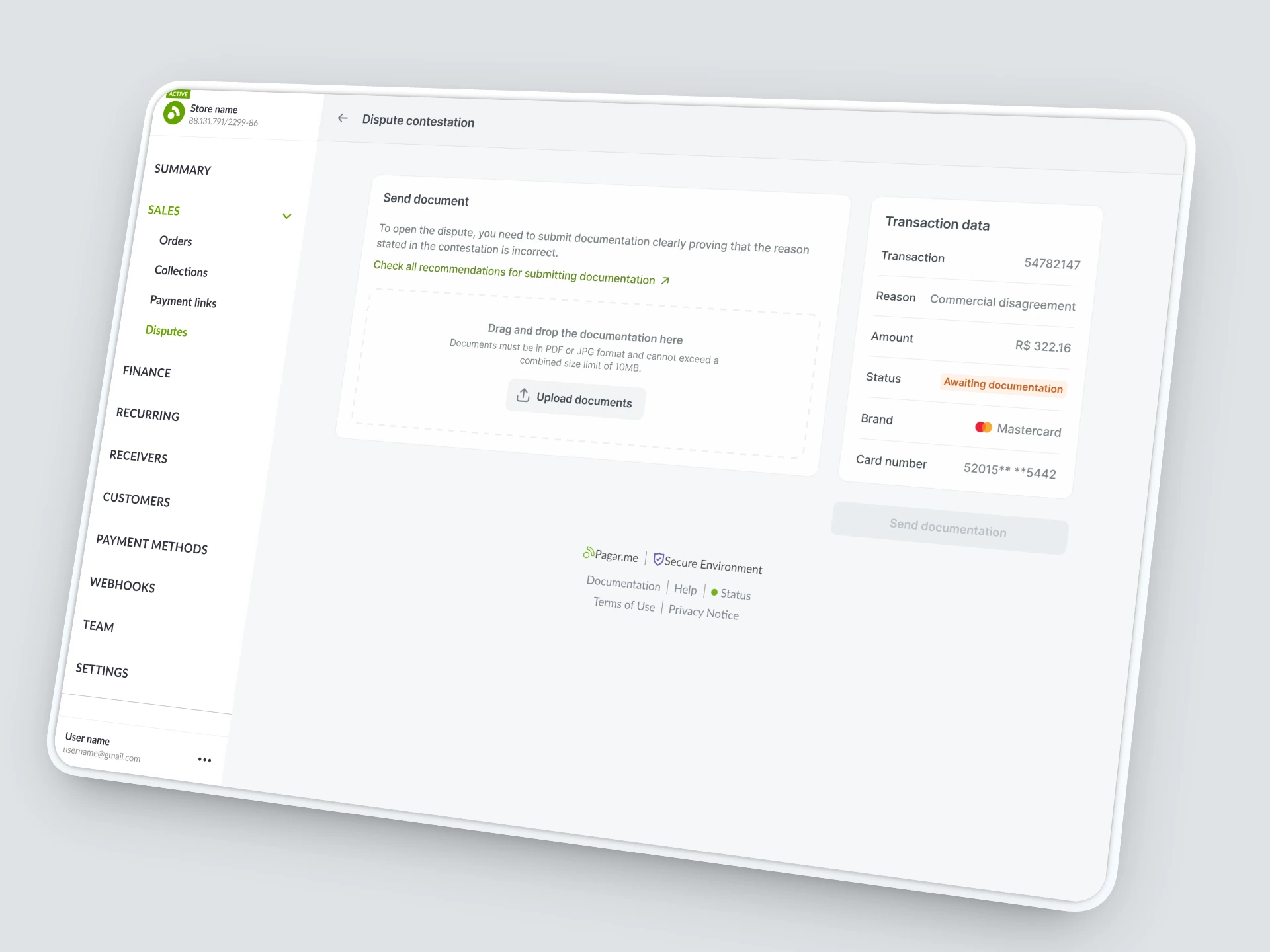 Chargeback detail page with transaction data, deadlines, and a step-by-step status tracker.