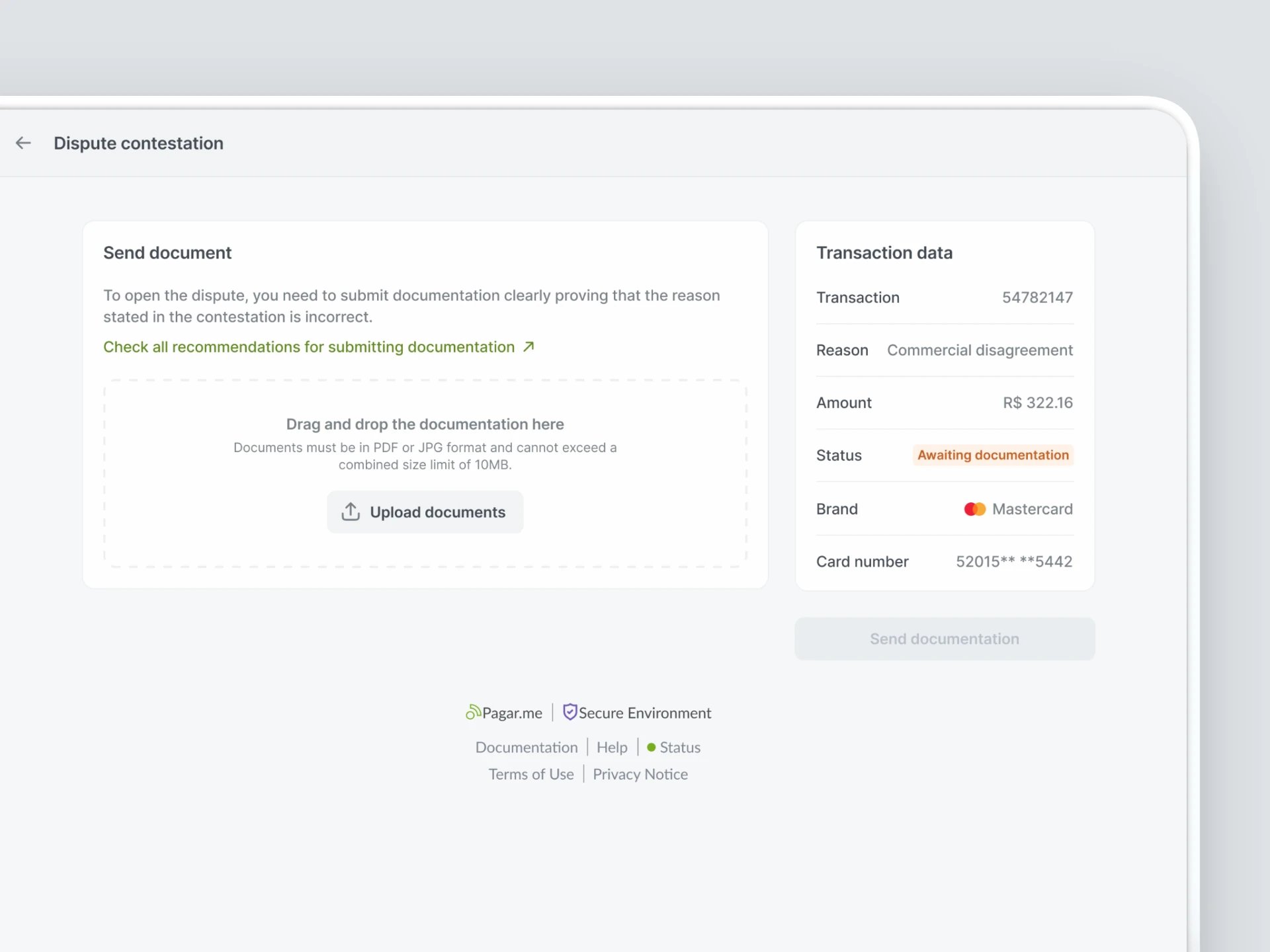 Guided dispute submission flow with instructions and document upload validation.