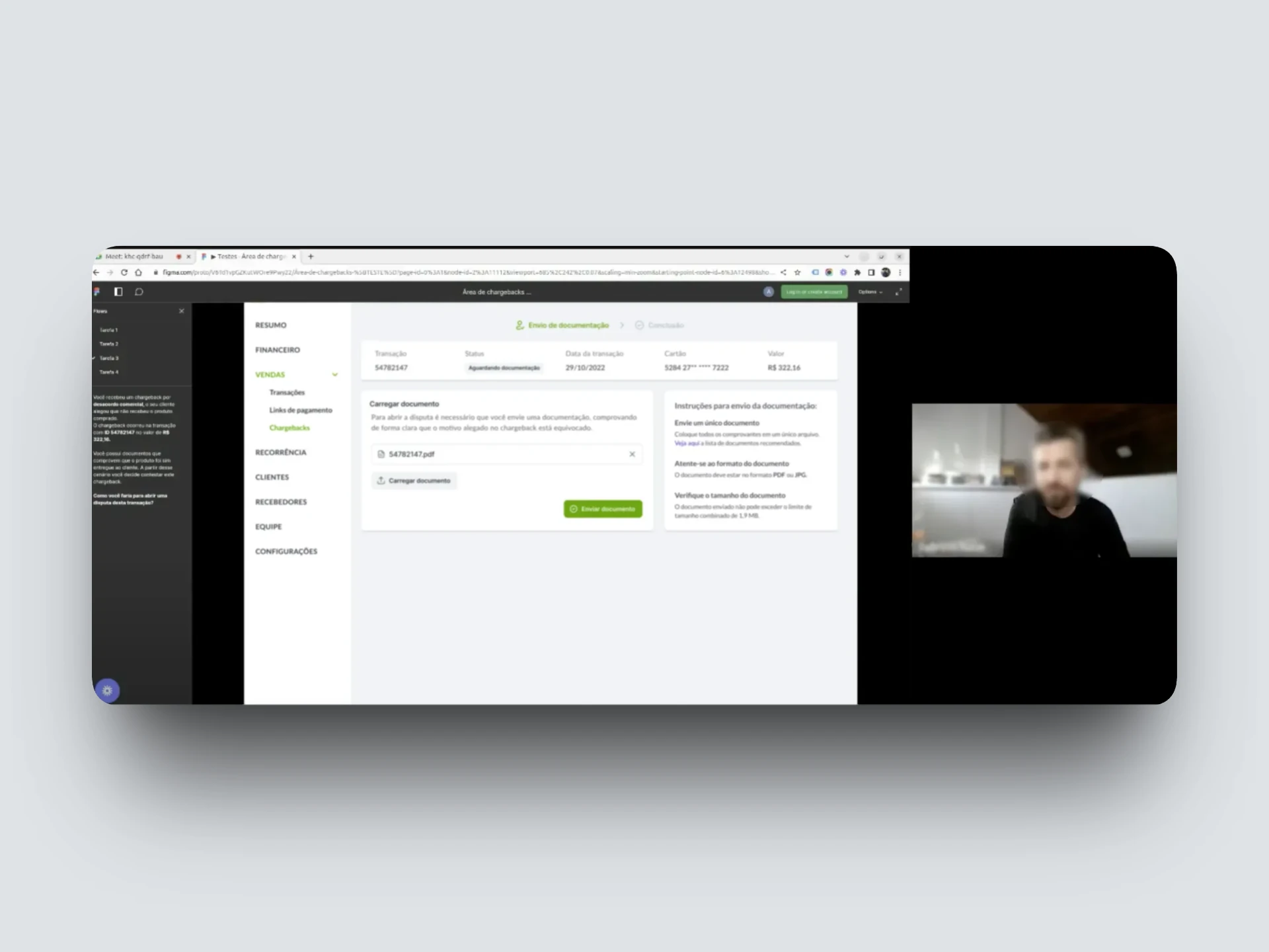 Usability testing session showing a merchant walking through the dispute prototype.