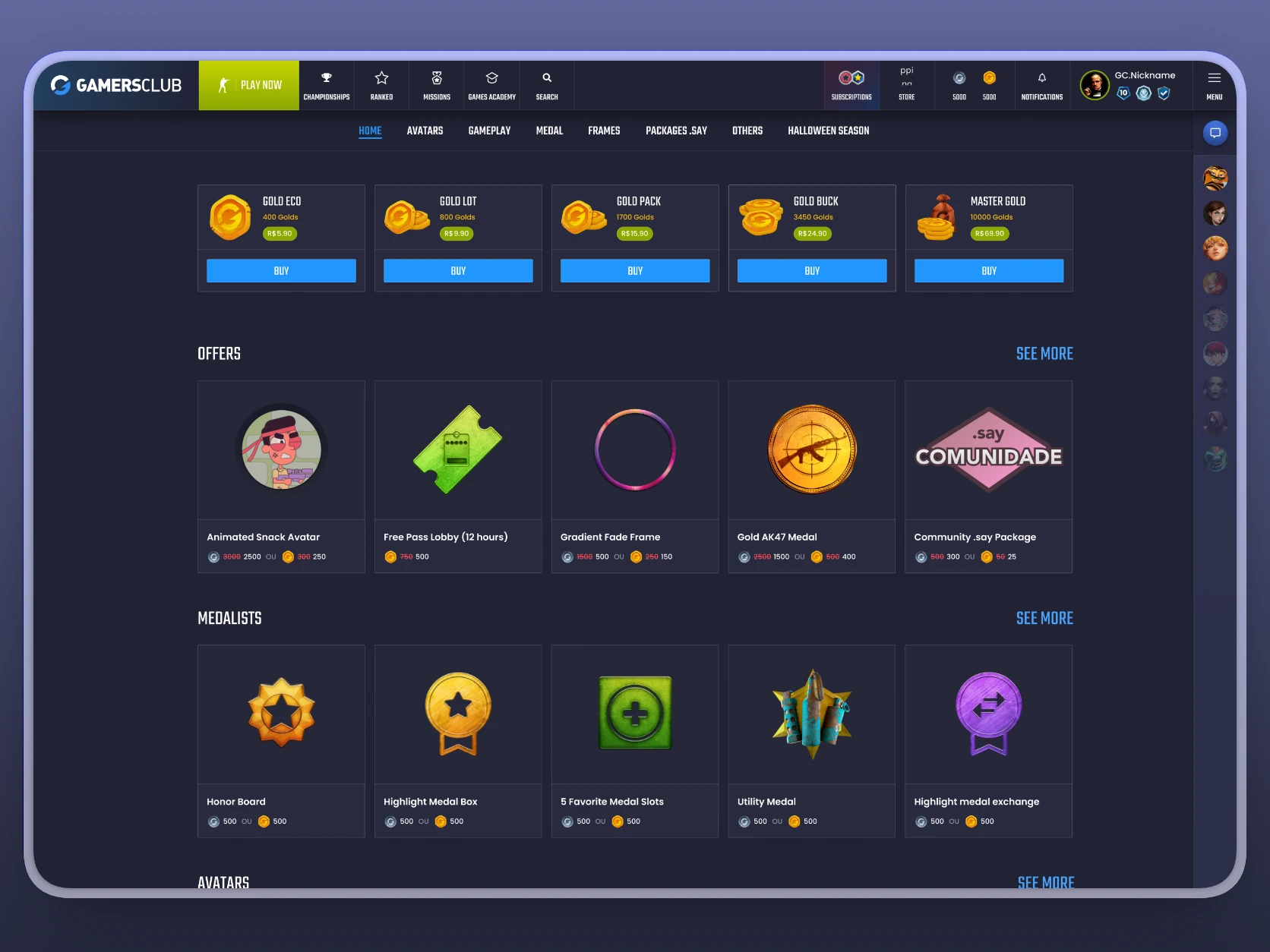 The Gamersclub Coins Store showing gold packs, offers, medals, and avatars.