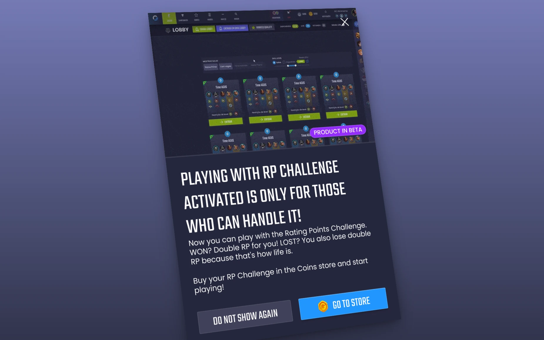 Lobby modal announcing that playing with the RP Challenge activated is only for those who can handle it, with a link to the Coins Store.