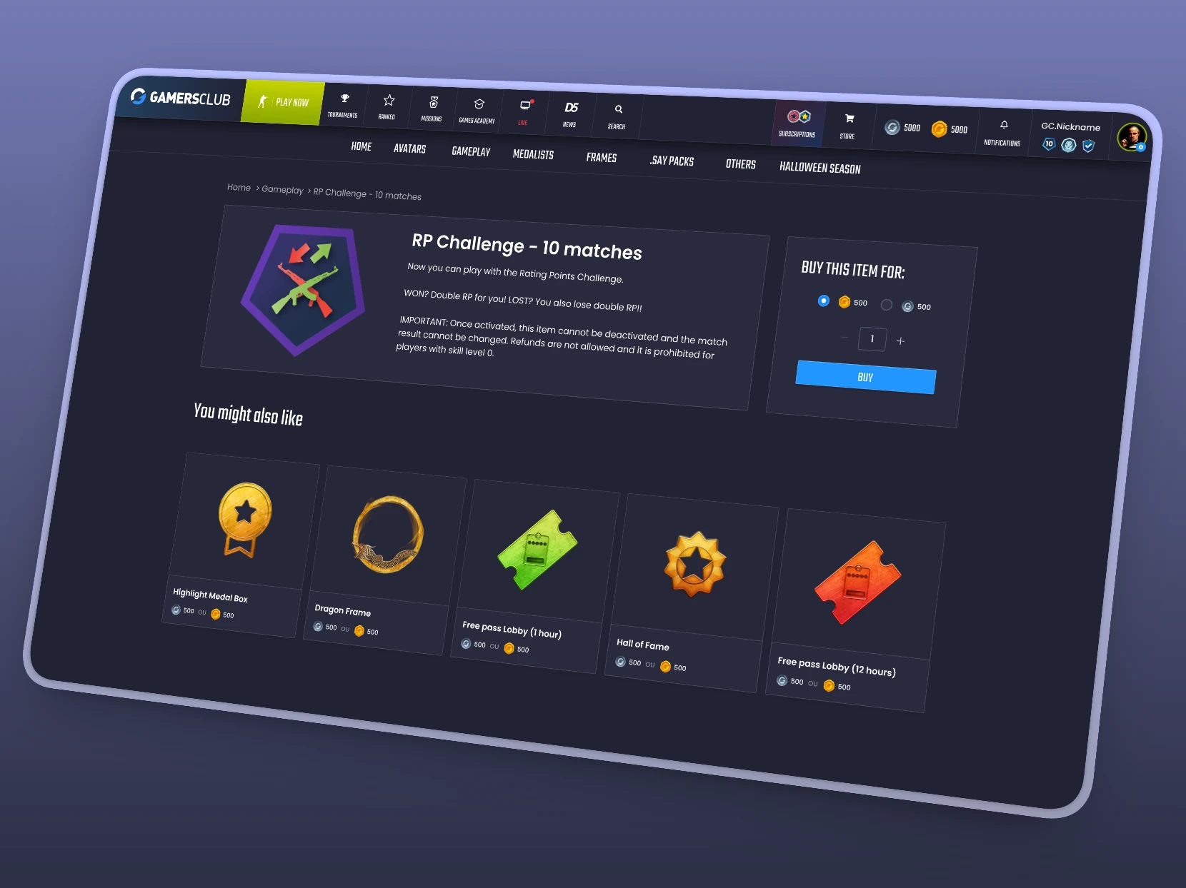 RP Challenge product page in the Coins Store showing the item rules, the coin price options, and the buy button.