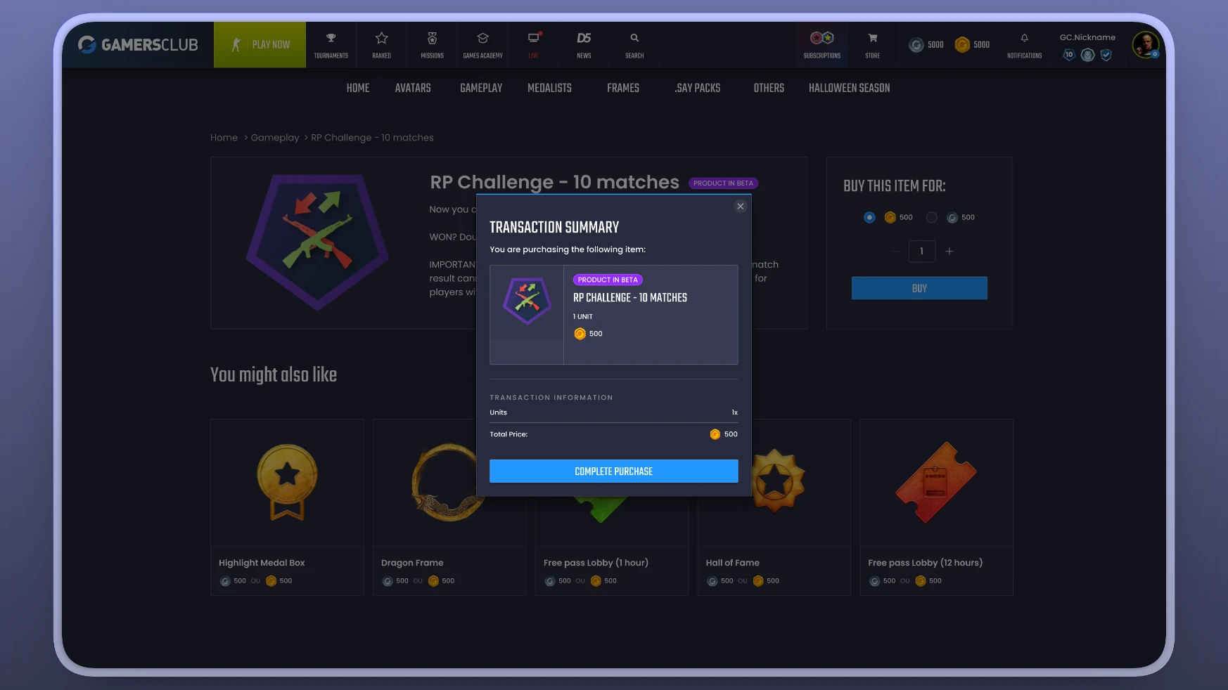 Transaction summary modal confirming the purchase of one RP Challenge for 10 matches, marked as a product in beta.